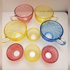 Lot‎ of 4 decorative glass cups 12 oz and 4 small bowls 3 oz multi colored